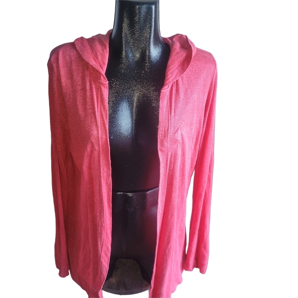 Tahari Red 100% Linen Hooded Open Front Cardigan